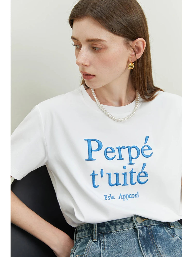 FSLE Simple Style Loose Short-Sleeved T-Shirt for Women Summer New round Neck Cool Letter Embroidered All-Match Top Female