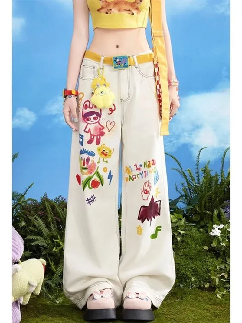 Beige Jeans Women Graffiti High Waist American Wide Leg Y2K Style Fashion Street Women'S Pants Autumn Straight Pants