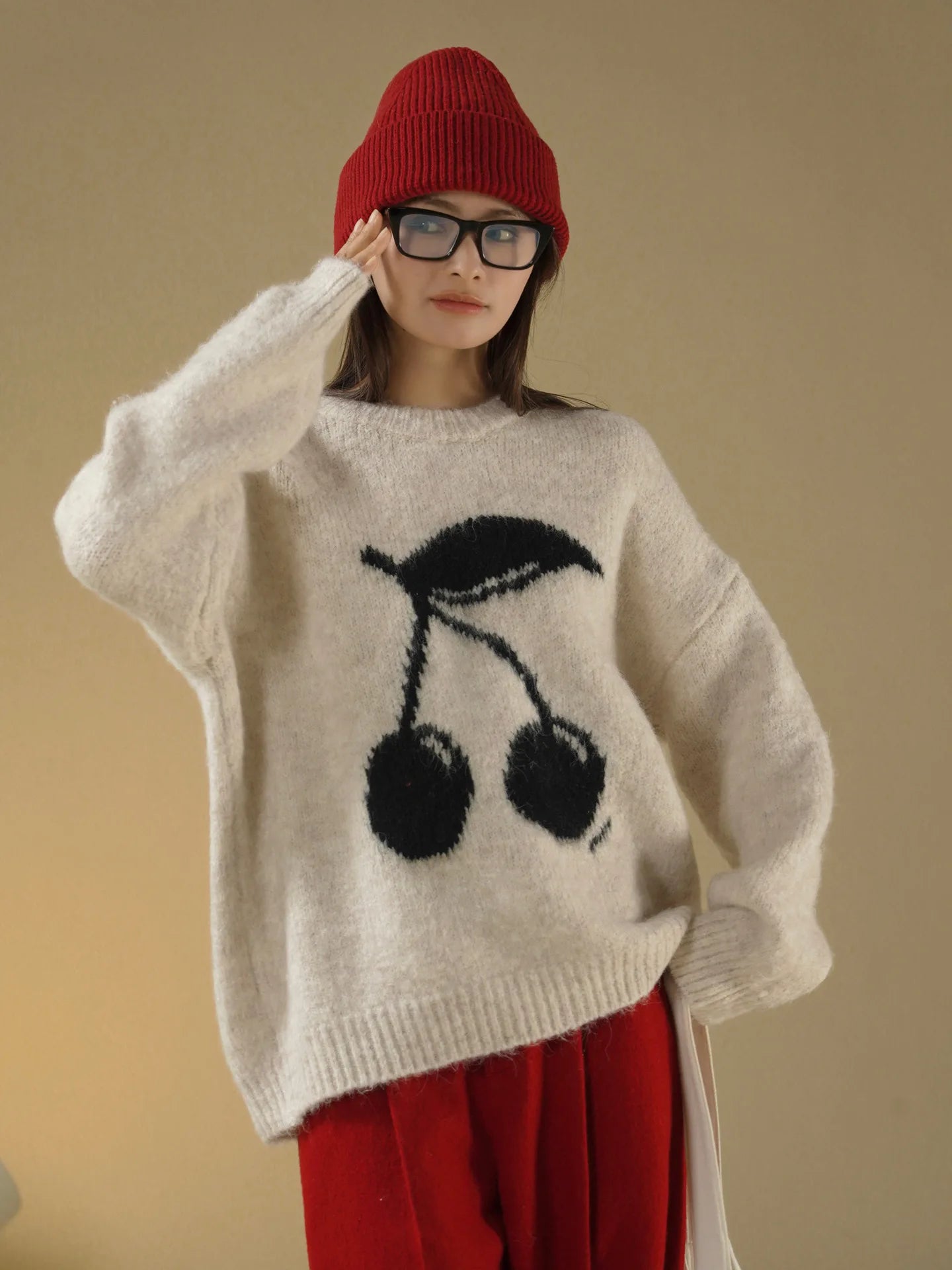 Brand Solid Color Casual Alpaca Women Sweater with Cherry Woven Lady Soft Nice Sweater
